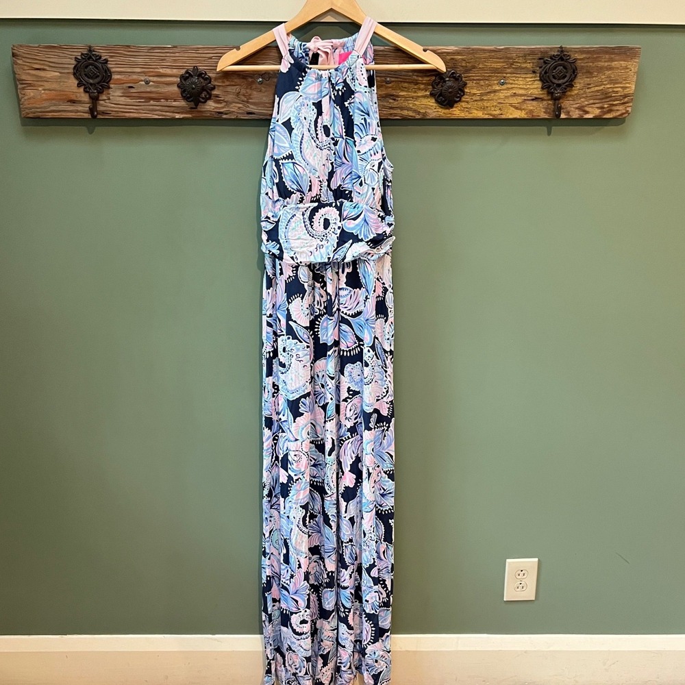 Lilly Pulitzer Martina Navy Pink Paisley Halter Neck Tie Back Maxi Dress Size M